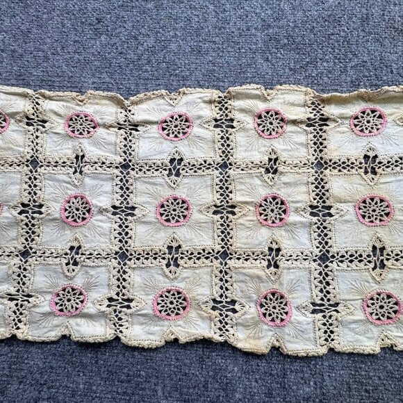 VTG Hand-Crocheted Lace‎ Table Runner With Pink Floral Accents 12" X 40" Boho - Picture 4 of 12
